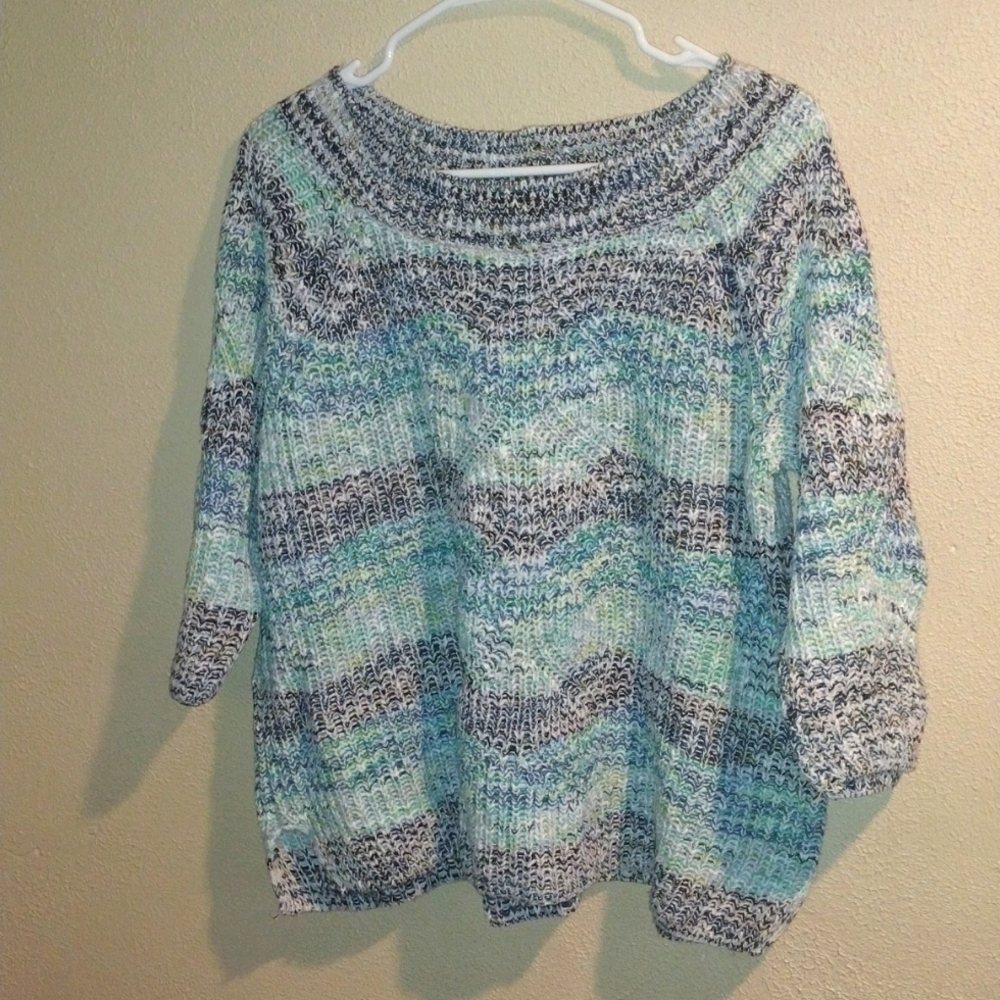 J. Jill 100% Cotton 3/4 Sleeve Knit Blue Ombre Sweater L